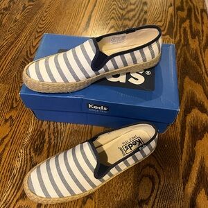 Keds Striped Espadrille Slip-On Shoes, linen, size 6. Blue and white stripes .